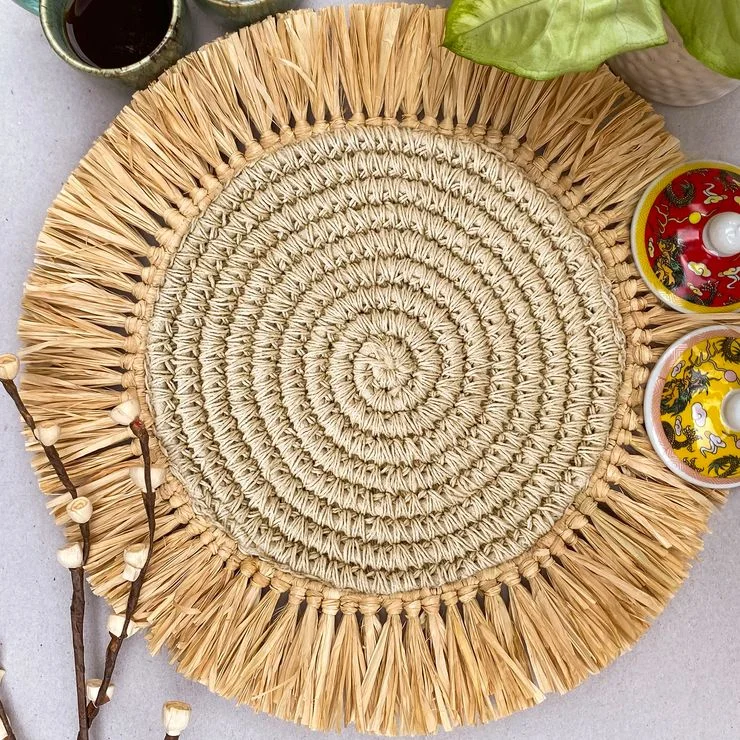 Bleached Jute Crochet Placemat With Natural Raffia Fringes (Pack of 3)