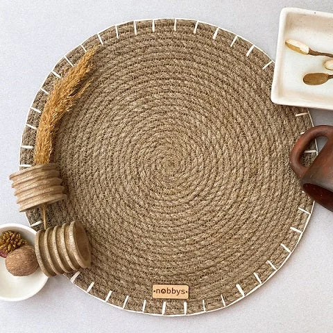 Jute Round Placemat With Raffia Embroidery (Pack of 3)