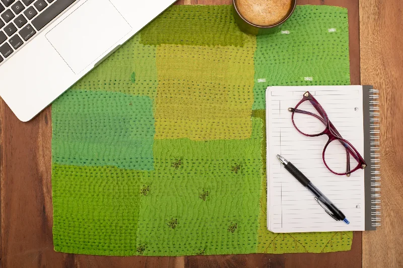 Mosaic Fray Handmade Vintage Kantha Placemat -Lime Green -