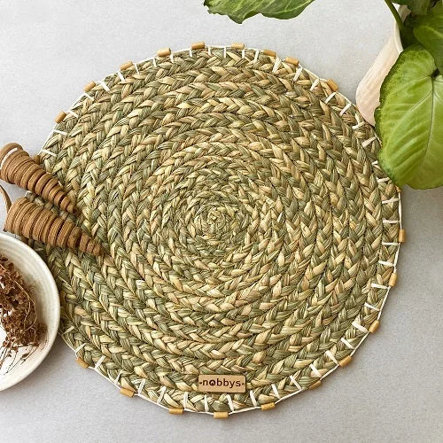 Paddy Straw And Seagrass Placemat With Wooden Bead Edge (Pack of 3)