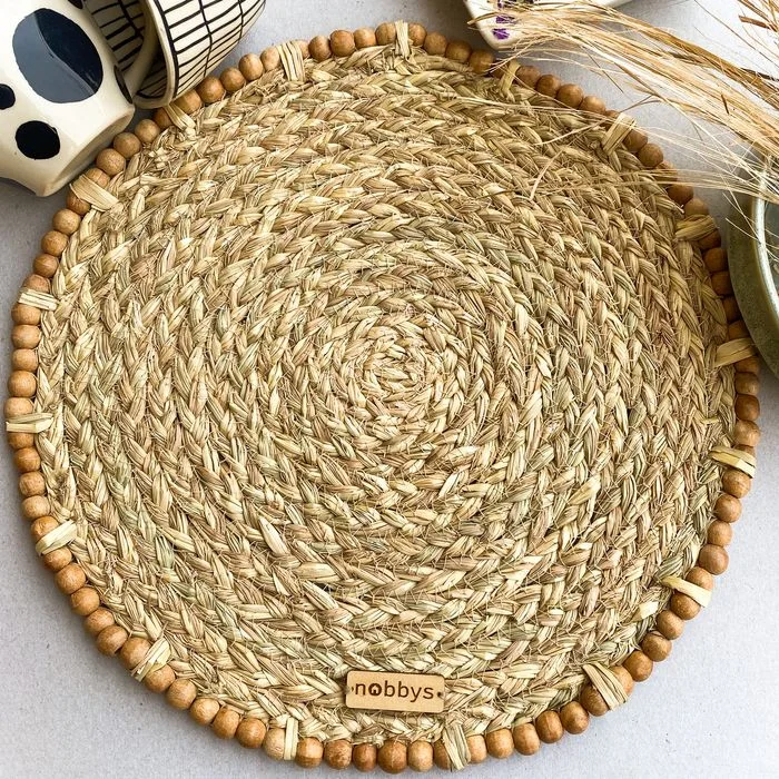 Braided Paddy Stubble Placemat With Wooden Beaded Edges (Pack of 3)