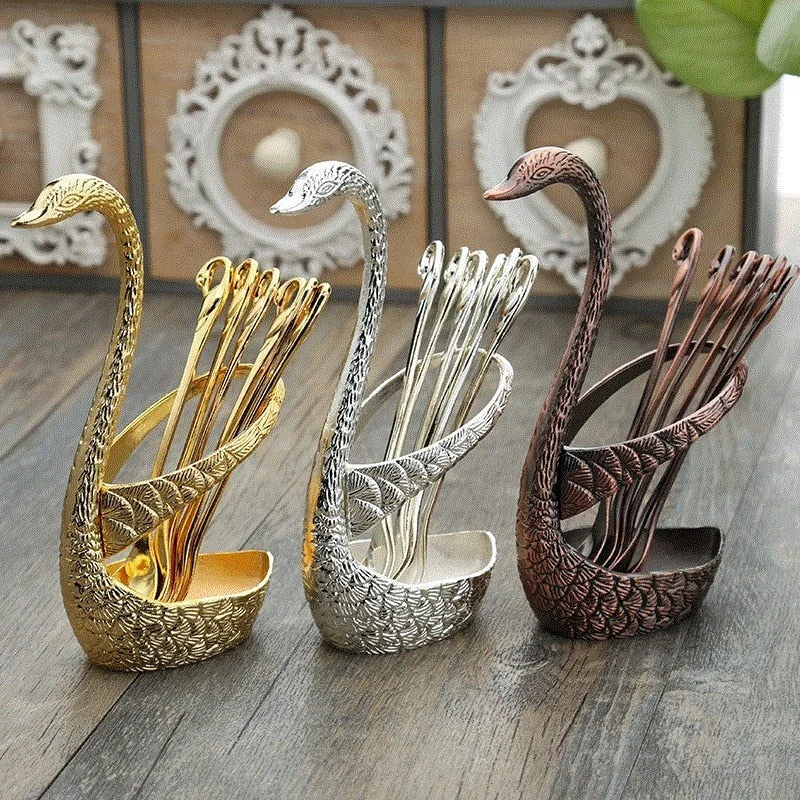 7pcs Swan Base Holder Fruit Forks Set Salad Dessert Tools Tableware