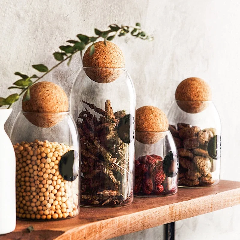 Clear Glass Bottle Kitchen Storage Jar with Cork Ball Airtight Lid