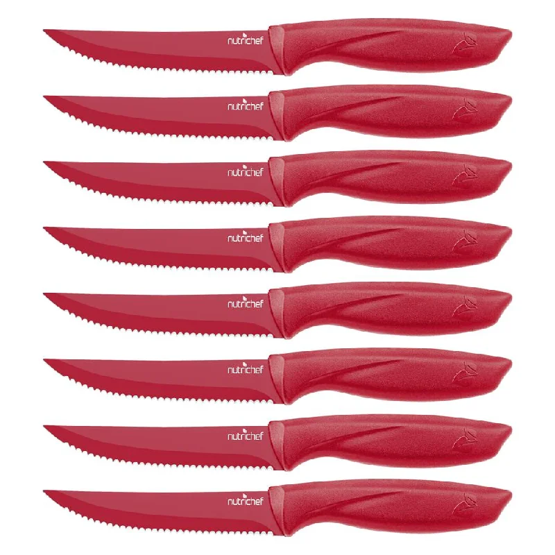 8 Pcs. Steak Knives Set - Non-Stick Coating Knives Set With Stainless Steel Blades, Unbreakable Knives, Great For Bbq Grill (Red)