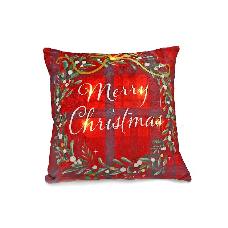 Christmas Led Velvet Cushion Wreath Merry Christmas 18X18 - Set of 2