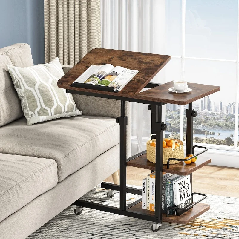 Height Adjustable C Table with Storage, Mobile Couch Snack Side Table with Tiltable Drawing Board, Rolling Sofa