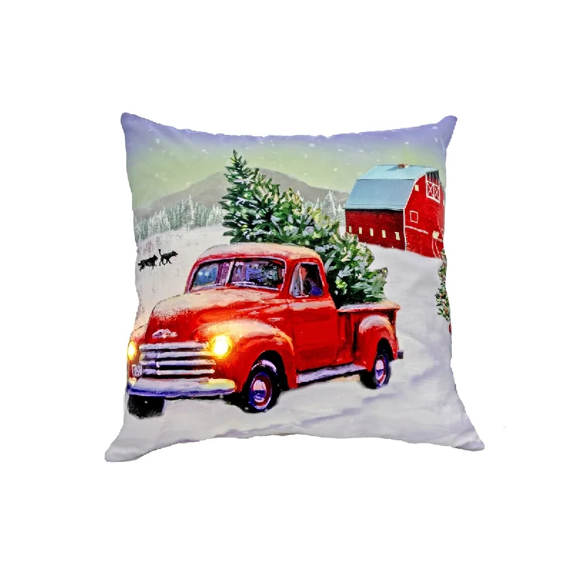 Led Velvet Cushion (Red Truck And Barn) (18 X 18) - Set of 2