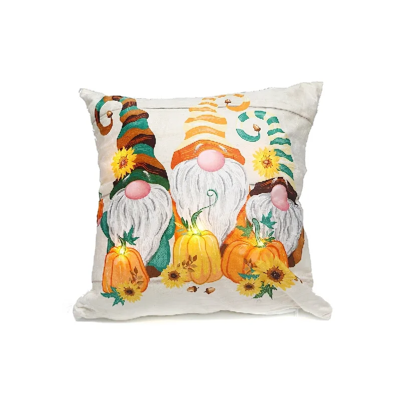 Led Velvet Cushion Triple Gnomes Holding Pumpkins 18X18 - Set of 2