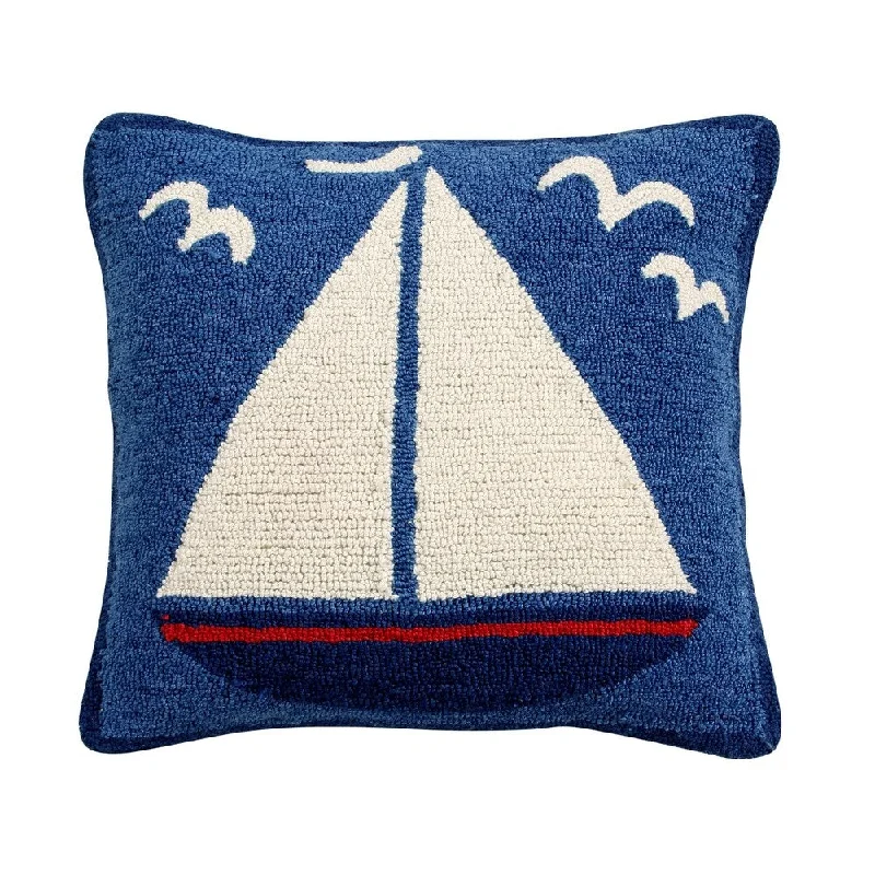 Sail Boat 18" Hand-Hooked Square Cushion Cover