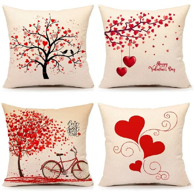 Set of 4 Red Love Heart Home Decorations Cushion Case