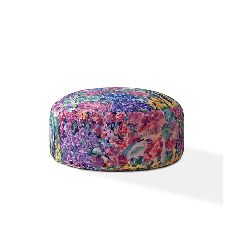 Cotton Round Floral Pouf Cover - Blue / Green