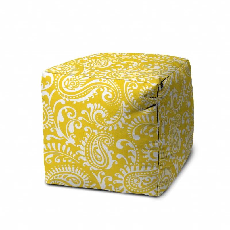 Cube Paisley Indoor Outdoor Pouf Cover - Yellow