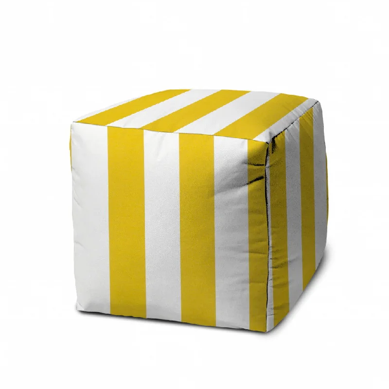 Cube Striped Indoor Outdoor Pouf Cover - Yellow / White