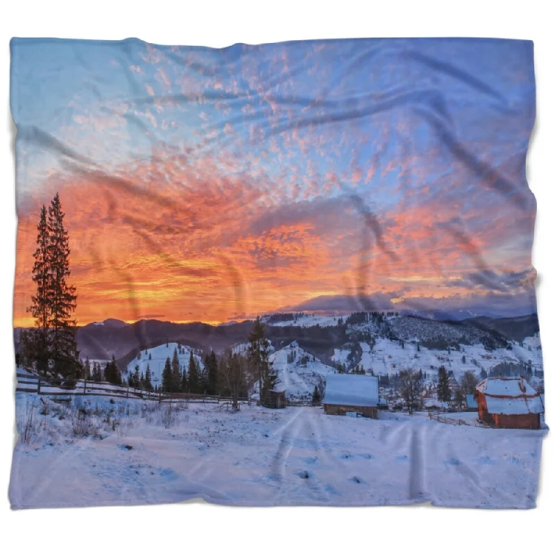 Designart 'Snowy Colorful Dawn in Mountains' Landscape Fleece Throw Blanket