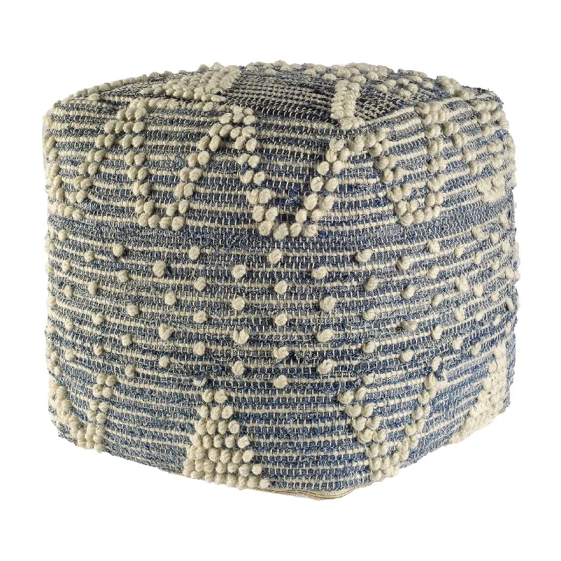 Square Pouf With Cotton Stitched - Blue Denim / Ivory