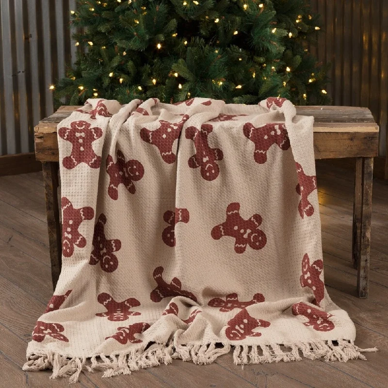 VHC Dark Tan Traditional Christmas Decor Happy Gingerbread Star Woven Throw