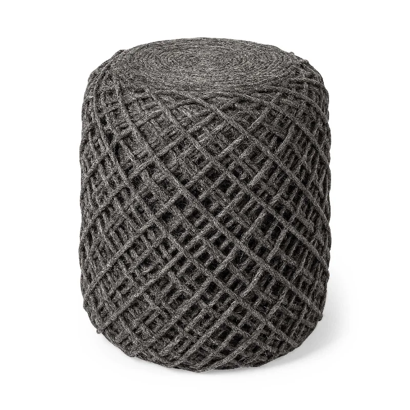 Wool Cylindrical Pouf With Diamond Pattern - Dark Gray